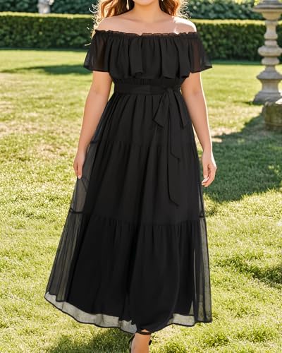Image of Plus Size Chiffon Off The Shoulder Maxi Long Floral Summer Casual Beach Boho Sundress Women 2024