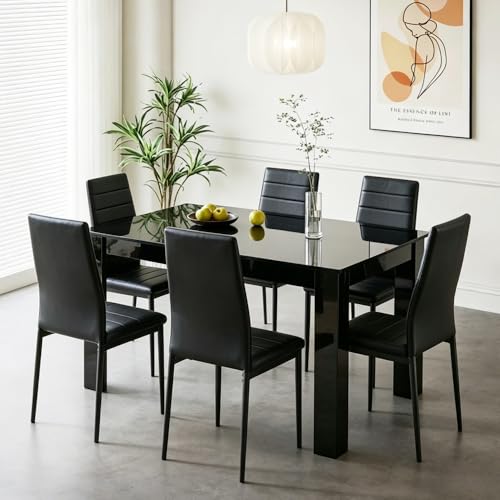 Image of Homullel 7 Piece Dining Room Table and Chairs Set for Dining Room Kitchen, Modern Black High Gloss Dining Table with 6 Black Leather Chairs for Family Dinner Set Space Saving