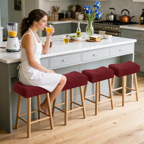 Image of Waterproof Saddle Bar Stool Covers Set of 4 Stretch 14x18Inch Rectangle Burgundy Barstool Covers Counter 4 Pack Jacquard Washable