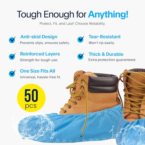 Image of Premium Disposable Boot & Shoe Covers Booties | 50 Pack | Durable, Non-Slip, Non-Toxic, Water Resistant, Recyclable Protectors for Indoor & Outdoor | Large Size Fits Most Shoes