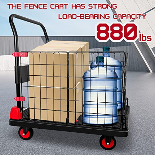 Platform Truck Cart With Cage, Foldable Push Cart Dolly 880Lb Capacity W/ 5'' Tpr 360 Degree Swivel Wheels, Heavy Duty Moving Portable Hand Trucks For Warehouse, Groceries, Garage #TOP2