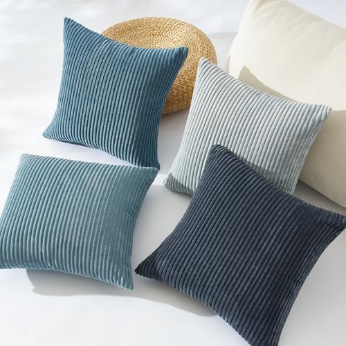 Image of Topfinel BlueGray Decorative Throw Pillow Covers 16x16 Inch Set of 4,Soft Accent Corduroy Striped Gradient Color Small Cushion Cover for Beach,Patio,Balcony,Couch Living Room,Summer Home Decor