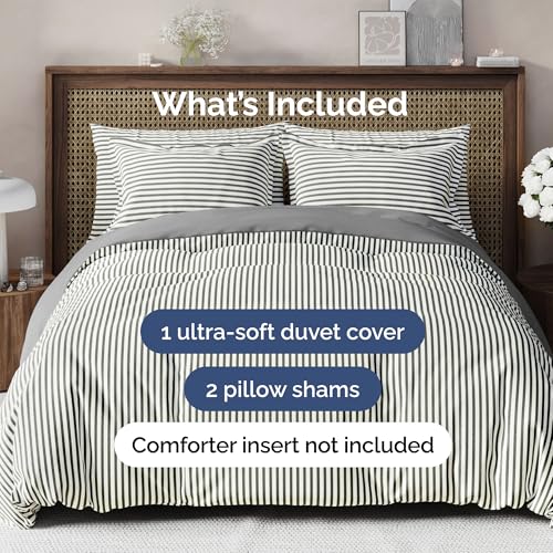 Image of Duvet Cover Full Size Set - Extra Soft Full Duvet Cover 80 inch x 90 inch with 2 Pillow Shams for Women, Men, Kids & Teens - Hotel Luxury w / Zipper Closures & Ties - Comfy, Cozy & Breathable (Grey Stripes)