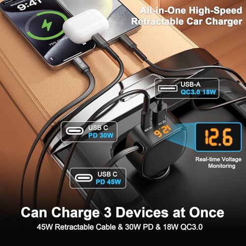 Image of 93W Retractable Car Charger, USB C Car Charger Fast Charging with PD PPS & QC 3.0, Multi Port Cigarette Lighter Adapter with Voltmeter for iPhone 17 16 15 Pro Max, Samsung S26 /S25 iPad Pixel