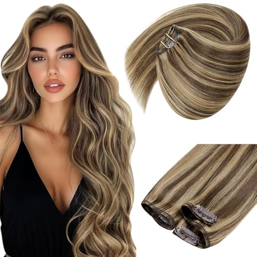 Image of Sunny Hair Clip in Hair Extensions Real Human Hair Brown Highlight 12 Inch | Short Hair Extensions Clip Ins Caramel Blonde Mix, Soft Layers and Blended Ends with Natural Movement for Holiday Travel 85g