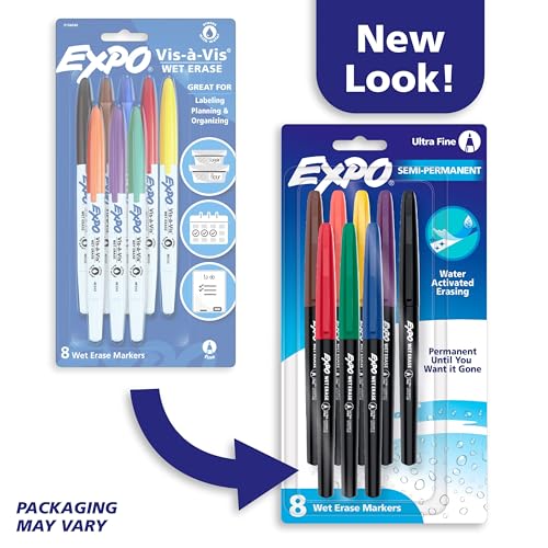 Image of EXPO Vis-a-Vis Wet Erase Markers, Semi-Permanent, Assorted Colors, Ultra Fine Tip, 8 Count - For Writing on Glass, Whiteboards, Mirrors, Calendar, Labeling, Organizing
