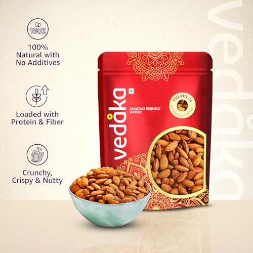 Image of Amazon Brand - Vedaka Whole Almonds | 1 Kg | Dried California Almonds, Grade Non-Pareil | Purely Natural Badam | Crunchy & Nutty | No Added Flavors or Preservatives