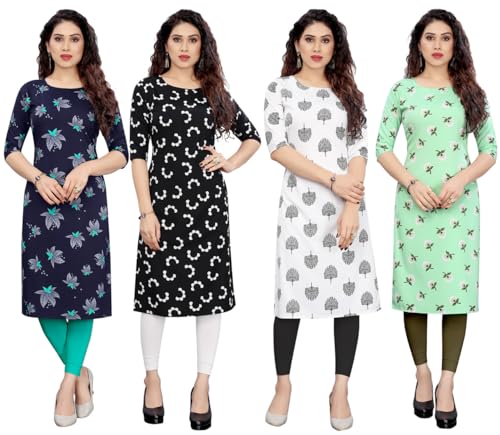 Image of JAKHANA Women's Crepe Printed Casual Straight Calf Length Round Nick Kurta Pack of 4