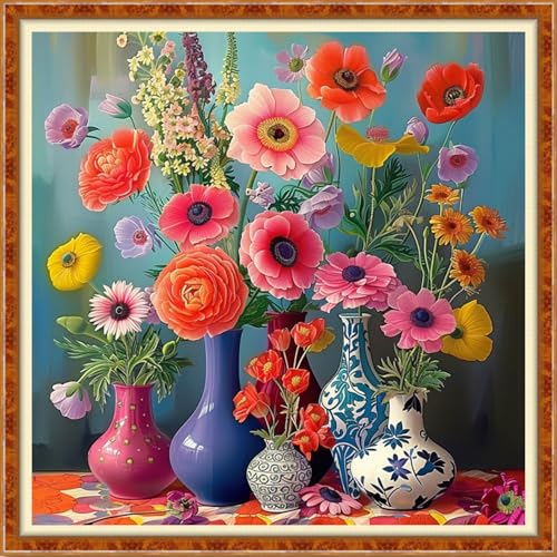 Image of Findvoor Stamped Cross Stitch Kits for Beginner Embroidery Kits for Beginners Adults DIY 11CT Cross Stitch Patterns Needlepoint Kits Crossstitching Kits-Colorful Flower vase 18x18 inch