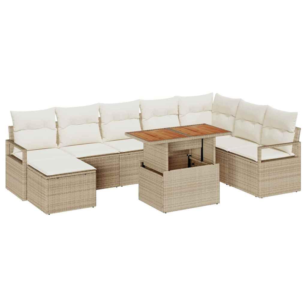 Salon de Jardin 9 Pièces Beige, Ensemble Canapé de Jardin Modulable en Résine Tressée et Acier, Canapé d'Extérieur avec Coffre de Rangement et Table Acacia