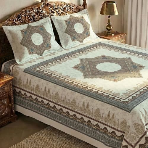 Story@Home Rajasthani Theme Jaipuri Sanganeri Handblock Print Double Bedsheet 250x225 cm | Cotton Feel 240 TC Ultra Soft Fabric | Ivory Motif | Wrinkl