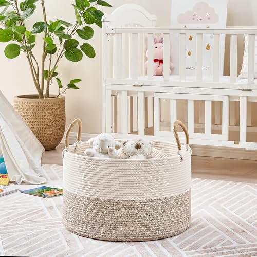 Image of KAKAMAY Large Blanket Basket 20 inchx13 inch, Cotton Rope Woven Laundry Storage Basket, Baskets for Toy,Stuffed Animal Storage, Dog,Toy Box, Gift Basket for Living Room Nursery Baby Hamper (Beige)