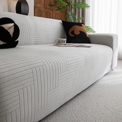 Housse de canapé extensible en peluche gris clair 3 places - 2
