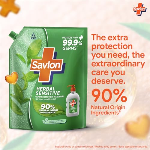 Image of ITC Savlon Herbal Sensitive Germ Protection Liquid Handwash Refill Pack 1.3L | 99.9% Germ Protection | 90% Natural Origin Ingredients | Family Size Refill Hand wash | Value Pack