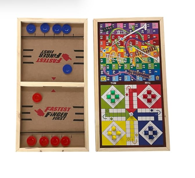 DreamAds Wooden Fastest Finger First Game I Ludo & Snakes and Ladders I 3 in 1 Board Game I Fast Sling Puck Game I Double Sided Board Games I Birthday Gift I Ludo I Travel Friendly Entertainment