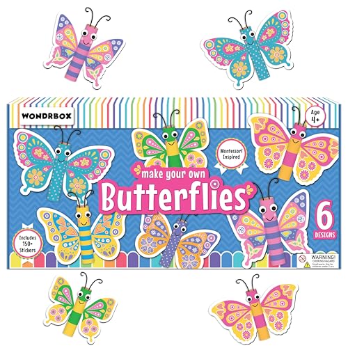 Image of WONDRBOX Butterfly Making Craft Kit for Kids | DIY Arts and Crafts Kit for Girls & Boys Ages 5-12 Years Old | Includes 6 Butterfly Cutouts & 150+ Colorful Stickers | Creative Educational Learning Toy & Birthday Gift