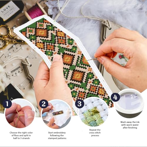 Image of INFUNLY 6PCS Colorful Flower Cross Stitch Bookmark Kit for Adults 8.66 inchx3.15 inch Plaid Flowers Ethnic Embroidery Bookmark Kit Geometric Pattern Counted Cross Stitch Kit with Instruction for Book Lovers