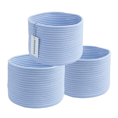 Image of XUANGUO Woven Cotton Storage Baskets - 3-Pack Round Bins (10x10x7'') for Shelves, Closets & Bookcases | Durable Rope Organizers for Nursery, Baby, Toys, Easter & More (blue)