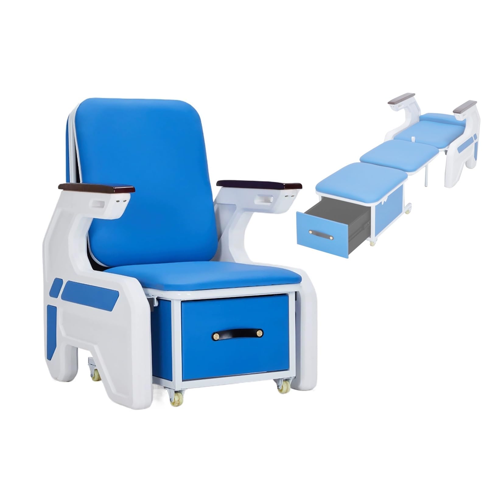 Hospital Folding Attendant Chair Bed with Storage Drawer – 2-in-1 Convertible Medical Sleeper for Caregivers, Pull Out,Reclining Guest with Wheels(