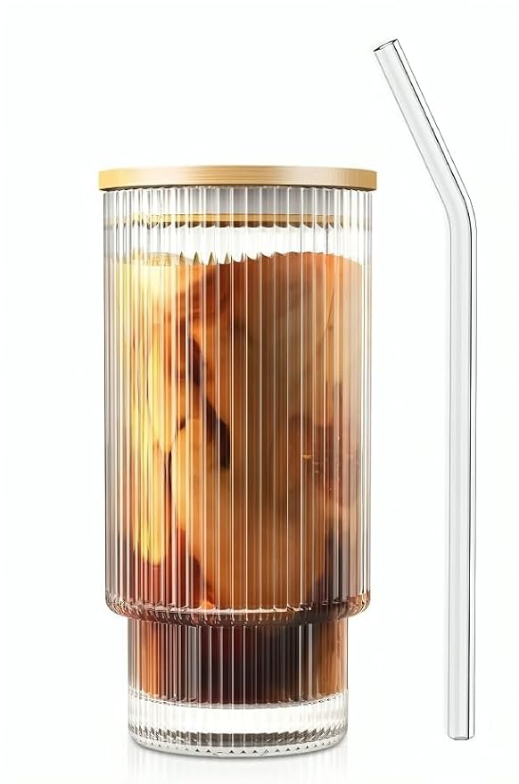 Glass Coffee Mug with Bamboo Lid and Straw Green Tea Sipper Tumbler Mugs with Lid - Pack of 1- Travel Mug, Drinking Glass, Mason jar, Can Sipper,Milk Mugs,Juice Cup 300ML