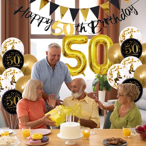 Image of Jobkoo 50th Birthday Decorations Men, 50th Birthday Black Gold Latex Balloons Black Happy 50th Banners 50 Cake Toppers 50 Balloon for Him Women 50 Year Old Party Decoration
