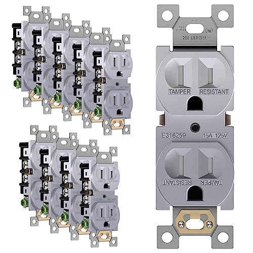 ENERLITES Silver Duplex Wall Outlet, 15 Amp Receptacle, 10 Pack