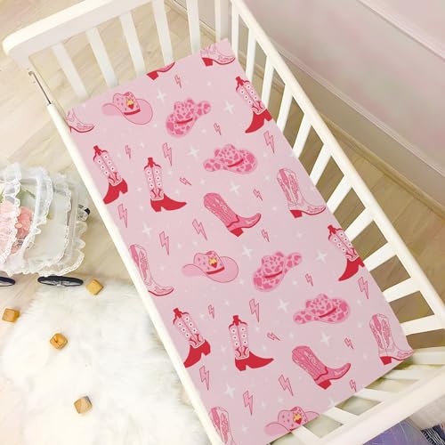 Image of Pink Western Cowgirl Boots Crib Sheets Soft Breathable Fitted Baby Crib Sheets Mattress Cover for Girl Boys, 52 inch x 28 inch x 9 inch
