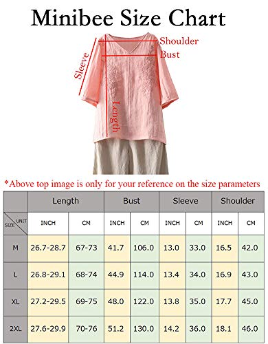 Minibee Women's Cotton Linen Embroidery Blouse V-Neck Plain Simple Tunic Long Sleeve Tops Pullover Cream Xl #TOP2