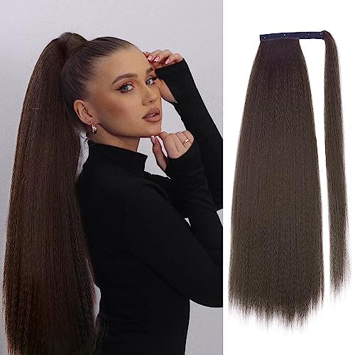 Wiger Long Kinky Straight Ponytail Extension Brown Yaki Straight Ponytail Wrap Around Yaki Clip In Hairpiece 30 Inch Synthetic Afro Kinky Hair For Women #TOP9
