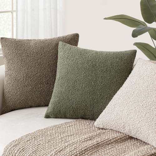 Image of Foindtower Set of 2, Decorative Textured Boucle Throw Pillow Covers Accent Solid Pillow Cases Soft Cozy Couch Cushion Case for Chair Sofa Bedroom Living Room Home Decor 24x24 Inch Light Brown