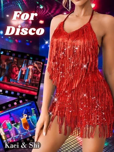 Image of Kaei&Shi Sequin Fringe Romper,Sparkly Glitter Metallic Jumpsuits For Women,Backless Shorts Dress Disco Birthday Dance Outfit