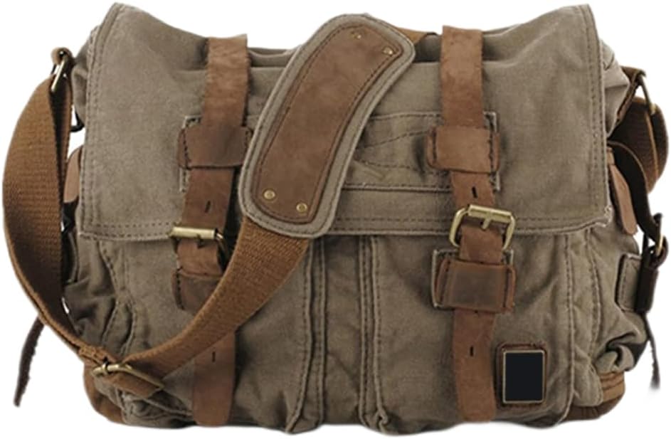 Leather Messenger Bags Vintage Canvas Laptop Bag Shoulder Bag 32cm Army Green