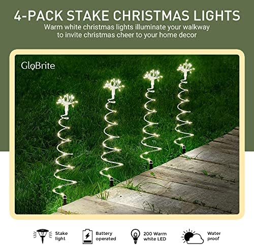 GloBrite 4-Pack Stake Christmas Lights Outdoor | Spiral Tree Stakes with 200 LED Lights | Outdoor Christmas Tree Light | Outdoor Christmas Decorations | Christmas Lights | Garden Lights