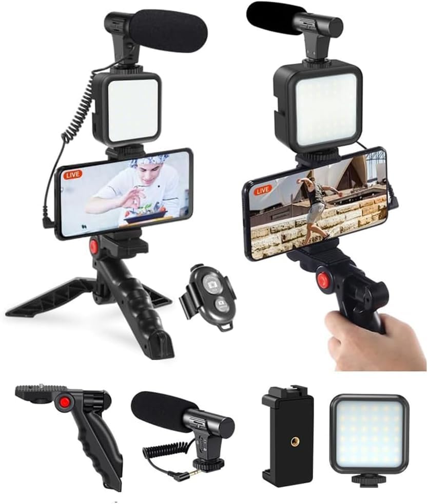 E-store Smartphone Video Kit, Mobile Phone Video Vlog Kit with Microphone, LED Light, Tripod, Phone Support for iPhone, Android, Camera - Perfect for TikTok, YouTube, Facebook, Live Streaming
