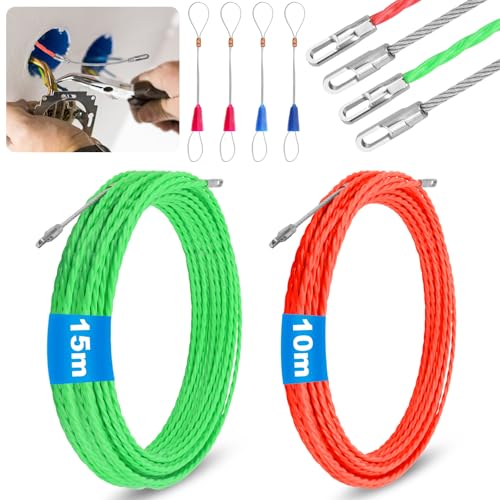 Pacchetto include: Diametro dell'Sonda Passacavi Professionale diameter 4 mm. Sonda Passacavi Professionale 15 Metri +10 Metri. Adattarsi a diverse occasioni. Può rispondere rispettivamente ai tubi di 10 metri, ai tubi di 15 metri e, quando necessario, può essere collegato e compatibile con i tubi di 25 metri.