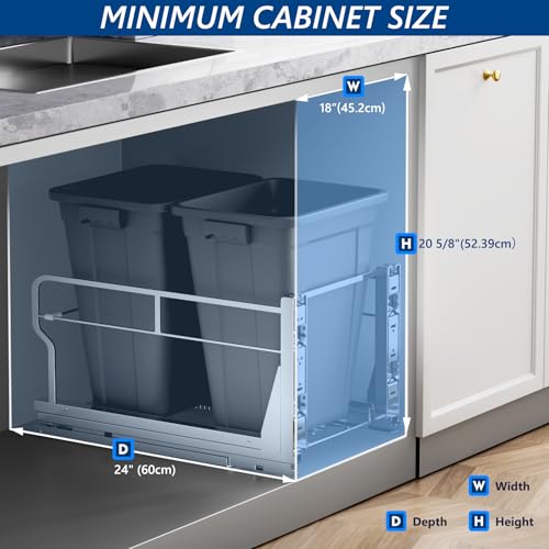 Image of Insputer Double 40QT Pull Out Trash Can Under Cabinet with Soft-Close Slides, Heavy Duty Under Sink Garbage Bin Kit for Kitchen, Laundry, Require Minimum Cabinets Opening 18 inch W X 24 inch D (Dark Gray)