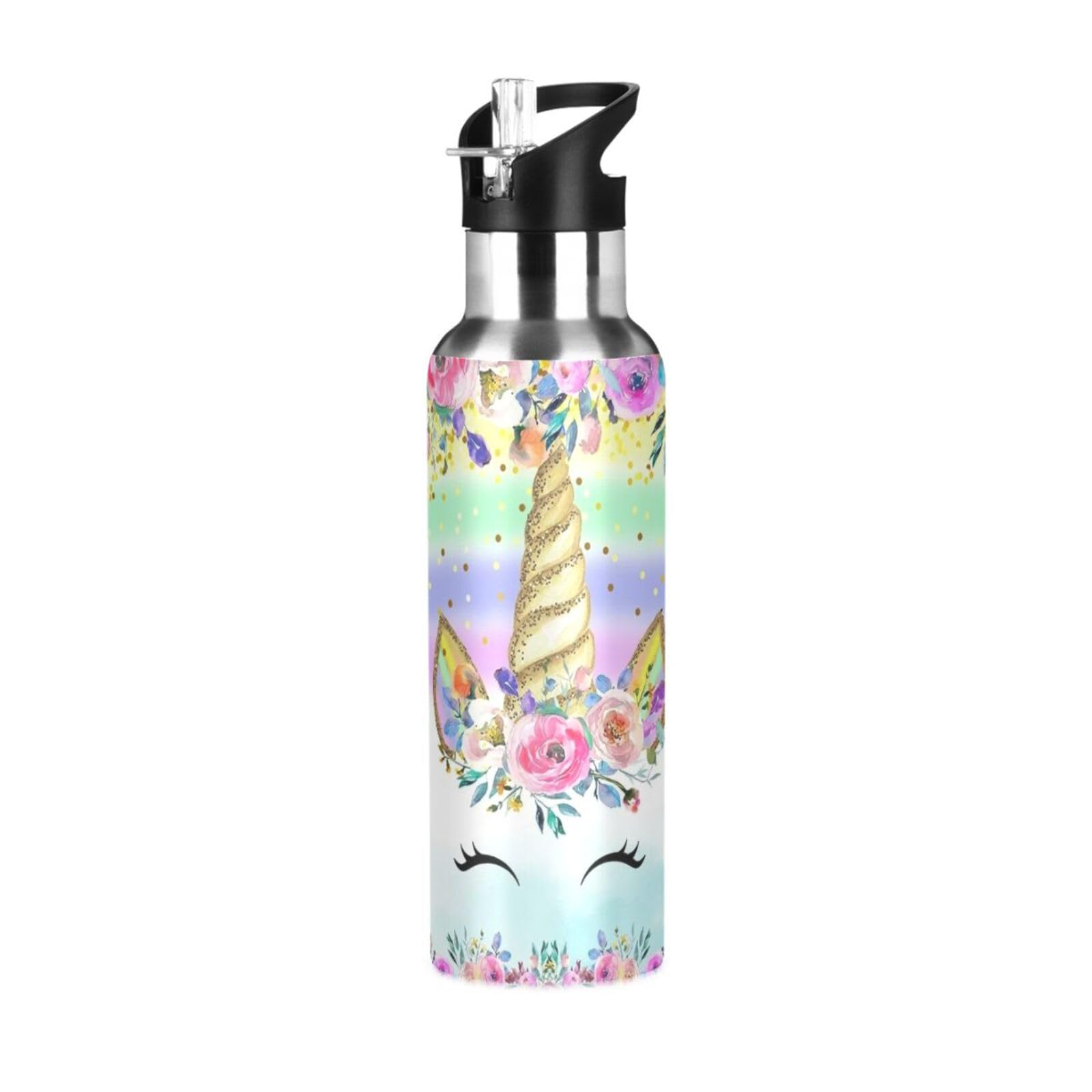Gourde licorne rose 600ml pour fille en acier inoxydable