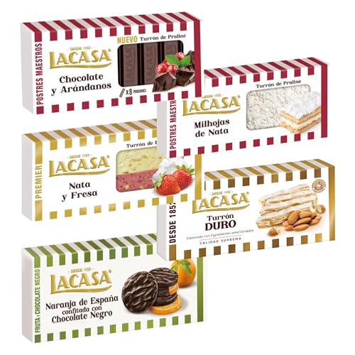 Pack Surtido 5 Turrones Lacasa:Naranja de España Confitada con Chocolate Negro, Chocolate y Arándanos, Milhojas de Nata, Nata y Fresa, Duro