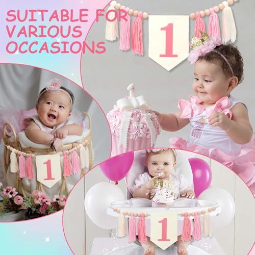Image of One High Chair Banner for 1st Birthday Decoration Girls, Pink Tassel Banner for 1st Birthday Photo Backdrop Decor