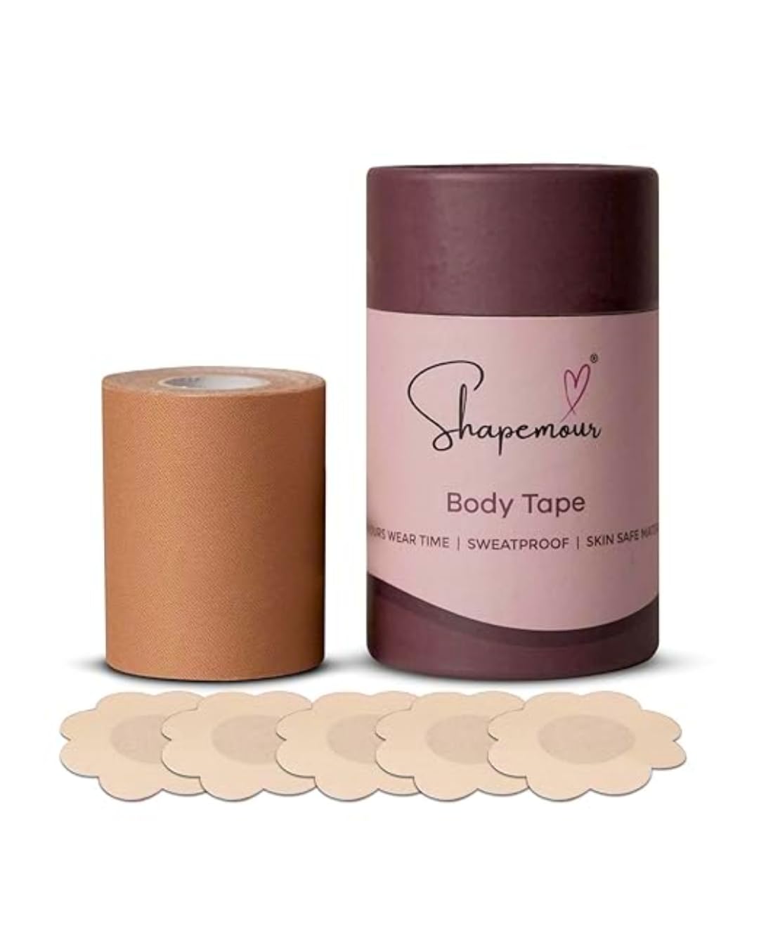 Body Tape Kit with 5 Nipple Pasties for Women | Strong Double Sided Boob Tape | Invisible Breast Lift, Skin-Friendly Adhesive, Breathable Fabric | 12-Hour Hold