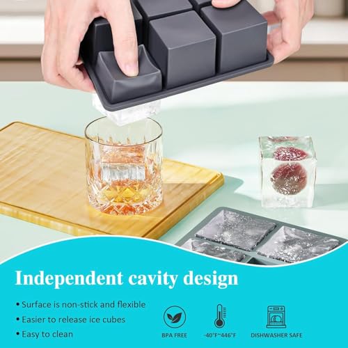 Image of Large Ice Cube Tray for Whiskey: Silicone Ice Cube Trays with Lid - 3Pack Big Square Old Fashioned Ice Cube Maker for Cocktail - 2inch Huge Cubed Ice Trays (Black+Sky+Purple(3pack)(6 Grid))