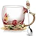 Produktbild COCHIE Glasteetasse,Emaille Rote Rose Blüten Schmetterling Kristallglas Tasse Blumen Kaffeebecher,Glas Teetasse mit Löffel Mütter Valentinstag Hochzeit