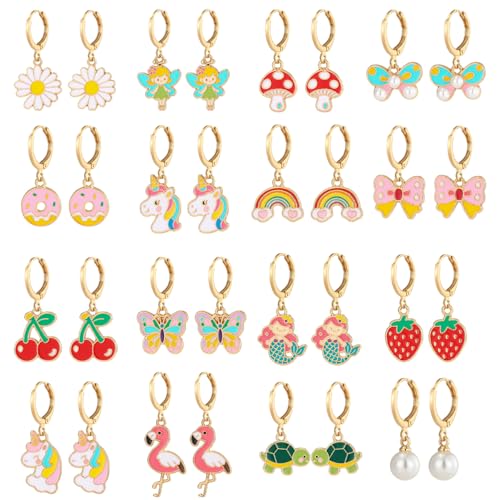 16 Pairs Hypoallergenic Dangle Hoop Earrings for Girls Teens Kids Women Cute Flower Animal Earrings Small Hoop Earrings Sets with Charms (Cute)