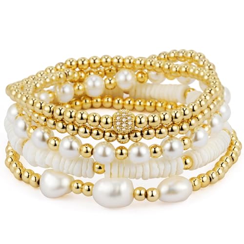 Gold Bracelets for Women Gold Bracelet Stack Pearl Beaded Bracelets for Women 14K Gold Plated Stretch Bead Ball Bracelet Sets Jewelry for Mother's Day Birthday Gifts