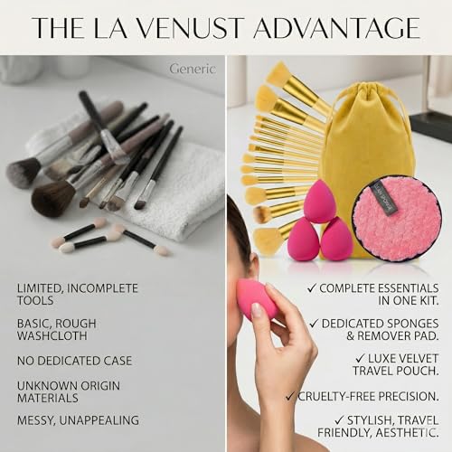 Image of 17Pc Makeup Kit Set - Premium 13-Piece Makeup Brush Set with 3 Makeup sponges & 1 Color-Removal Sponge - Soft Synthetic Bristles, Rose Gold & Cream Design with Velvet Travel Pouch - Complete Professional Beauty Tools (Clean sponge and makeup puffs , color may vary or multicolour) (Yellow)
