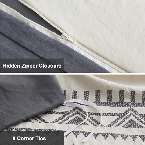 Image of Oli Anderson Boho Duvet Cover Set Queen Size, Beige and Gray Color Clash 3 Pieces Microfiber Bedding Set, Durable and Super Soft Duvet Covers with Zipper and Ties, 90 inch*90 inch
