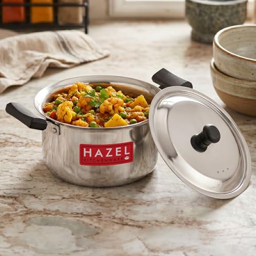 Image of HAZEL Stainless Steel Casserole with Lid 1900 ML | Flat Bottom Milk Tope with Plastic Handles | Induction Compatible Steel Patila | Bhagona with Lid for Cooking