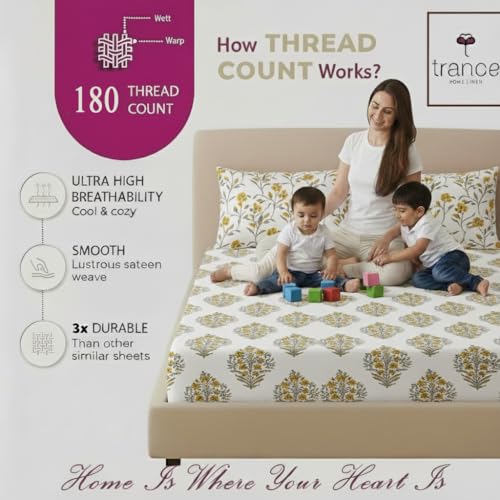 Image of Trance Home Linen Jaipuri Design 180TC 100% Cotton King Size Printed Bedsheet | Bedding Set of King Size Flat Bed Cover with 2 Pillow Covers (108x108 inch | 9ft x 9ft - Madhuban Yellow)