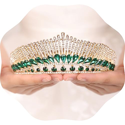 JWICOS Tiara barroca de reina para mujer, tiara de boda y corona para novias, tiara de princesa de cristal para niñas, tiara de diamantes de imitación para cumpleaños, concursos de graduación (verde