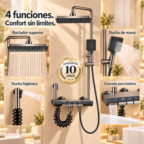 Miniatura 5 de Inex Europa Columna Ducha Negro Gris Titanio Con Cabezal Cuadrado - Columna De Ducha 4 Modos Y Altura Ajustable Cabezal, Chorro, Grifo Y Alcachofa De Ducha 10 Años De Garantía
